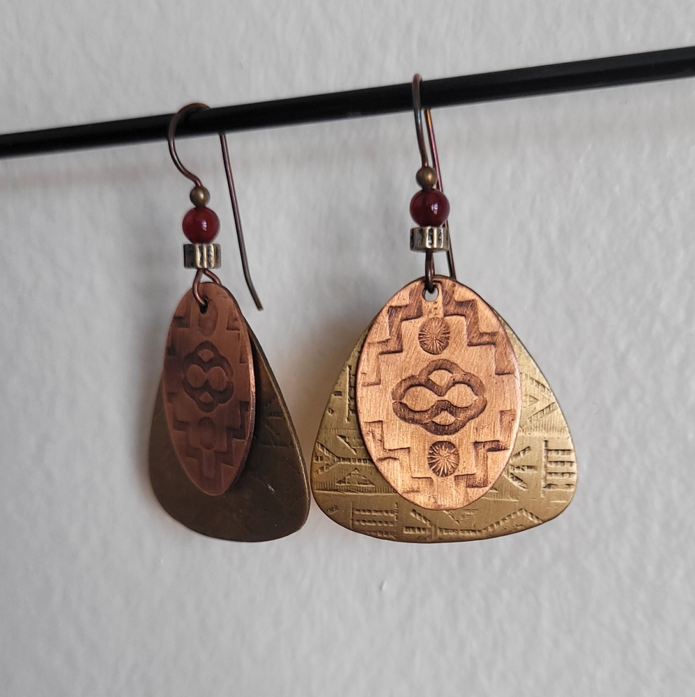 Brass and copper guitar pick southwestern dangle earrings - Picture 1 of 4